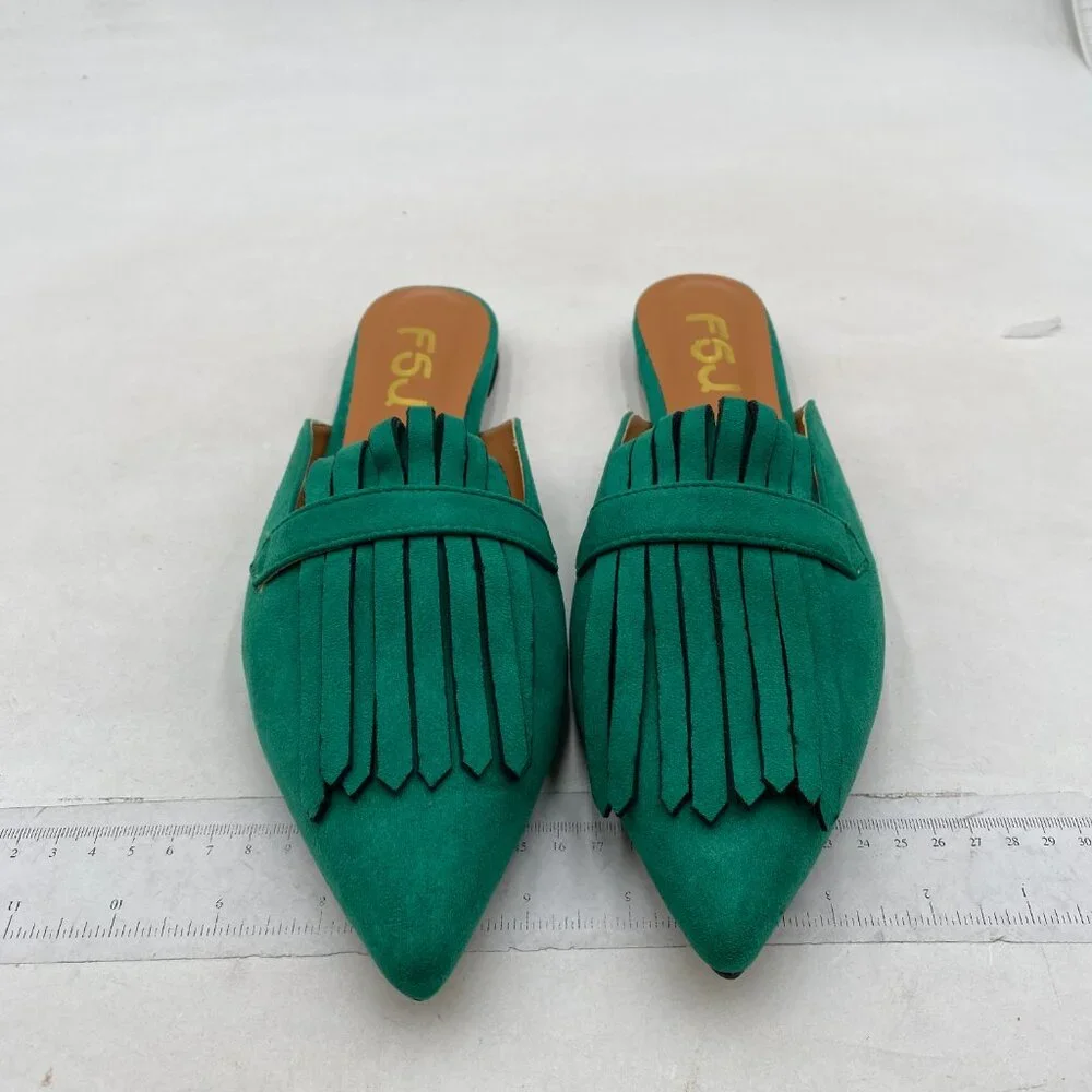 FSJ Womens Tassel Flat Mules Closed Pointed Toe, Loafers Backless Green Suede - Picture 2 of 7